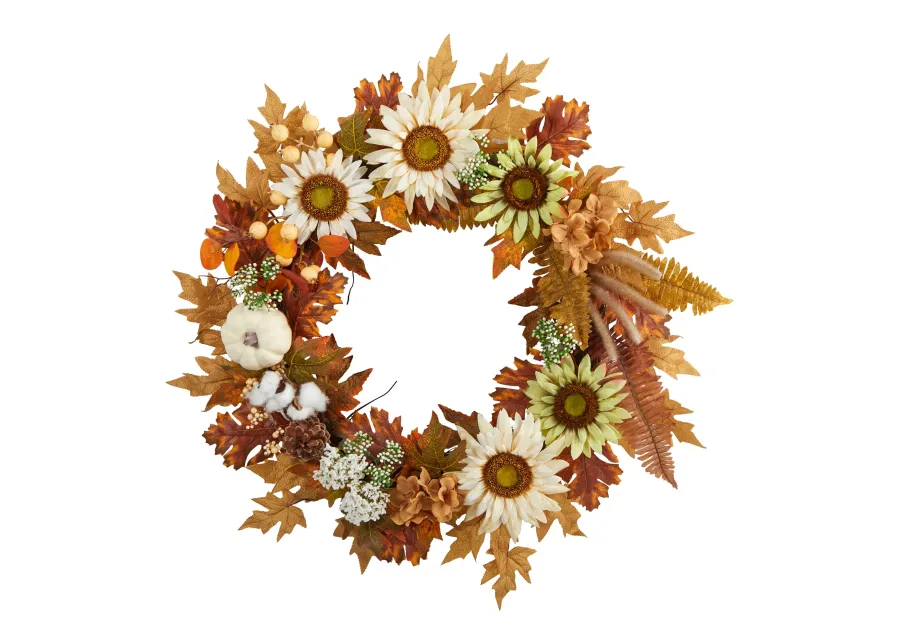 HomPlanti 30" Autumn Sunflower, White Pumpkin and Berries Artificial Fall Wreath