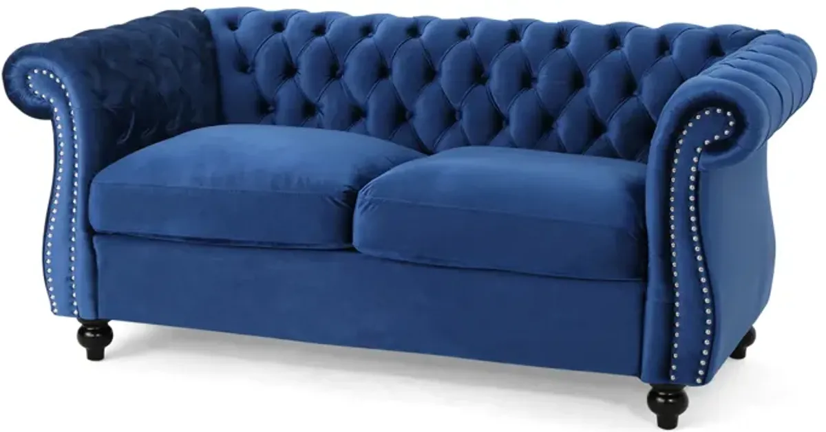 Bernie Loveseat 62 Inch Sofa, Nailhead Trim, Solid Wood, Blue Tufted Fabric - Benzara