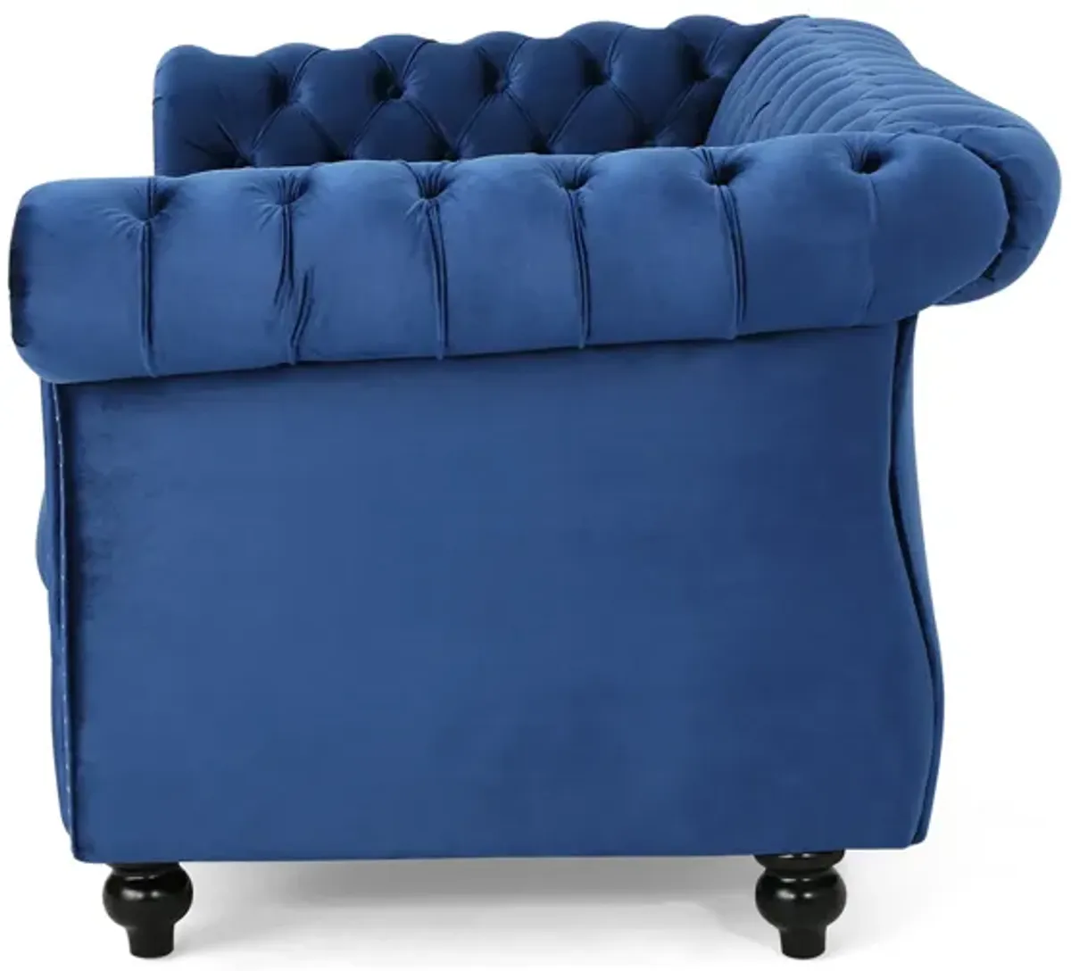 Bernie Loveseat 62 Inch Sofa, Nailhead Trim, Solid Wood, Blue Tufted Fabric - Benzara