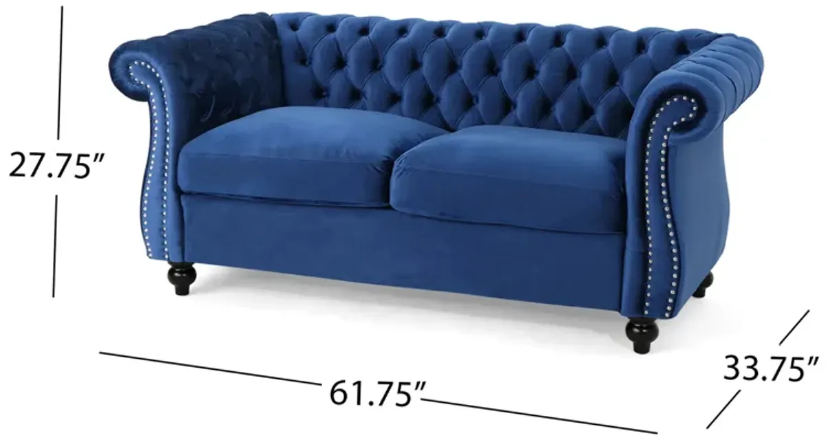 Bernie Loveseat 62 Inch Sofa, Nailhead Trim, Solid Wood, Blue Tufted Fabric - Benzara