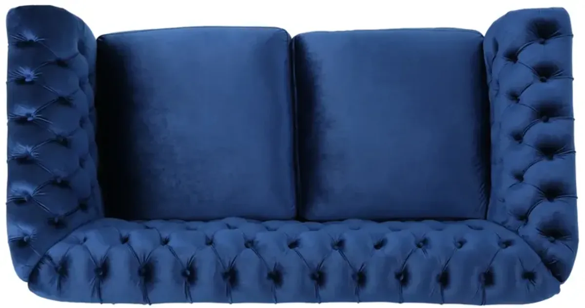 Bernie Loveseat 62 Inch Sofa, Nailhead Trim, Solid Wood, Blue Tufted Fabric - Benzara