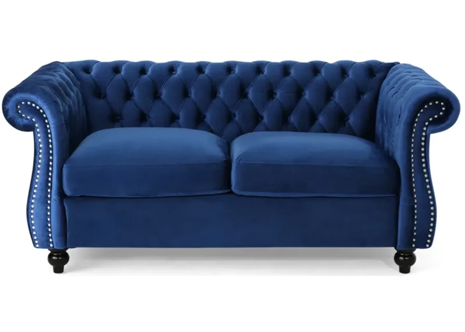 Bernie Loveseat 62 Inch Sofa, Nailhead Trim, Solid Wood, Blue Tufted Fabric - Benzara