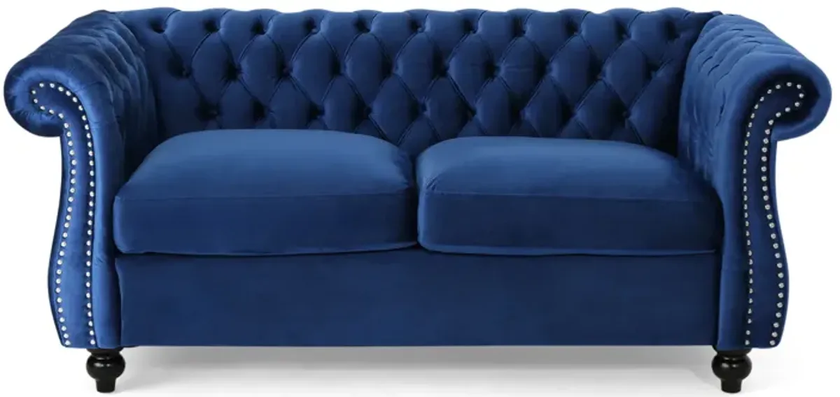 Bernie Loveseat 62 Inch Sofa, Nailhead Trim, Solid Wood, Blue Tufted Fabric - Benzara