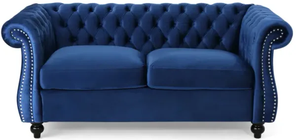 Bernie Loveseat 62 Inch Sofa, Nailhead Trim, Solid Wood, Blue Tufted Fabric