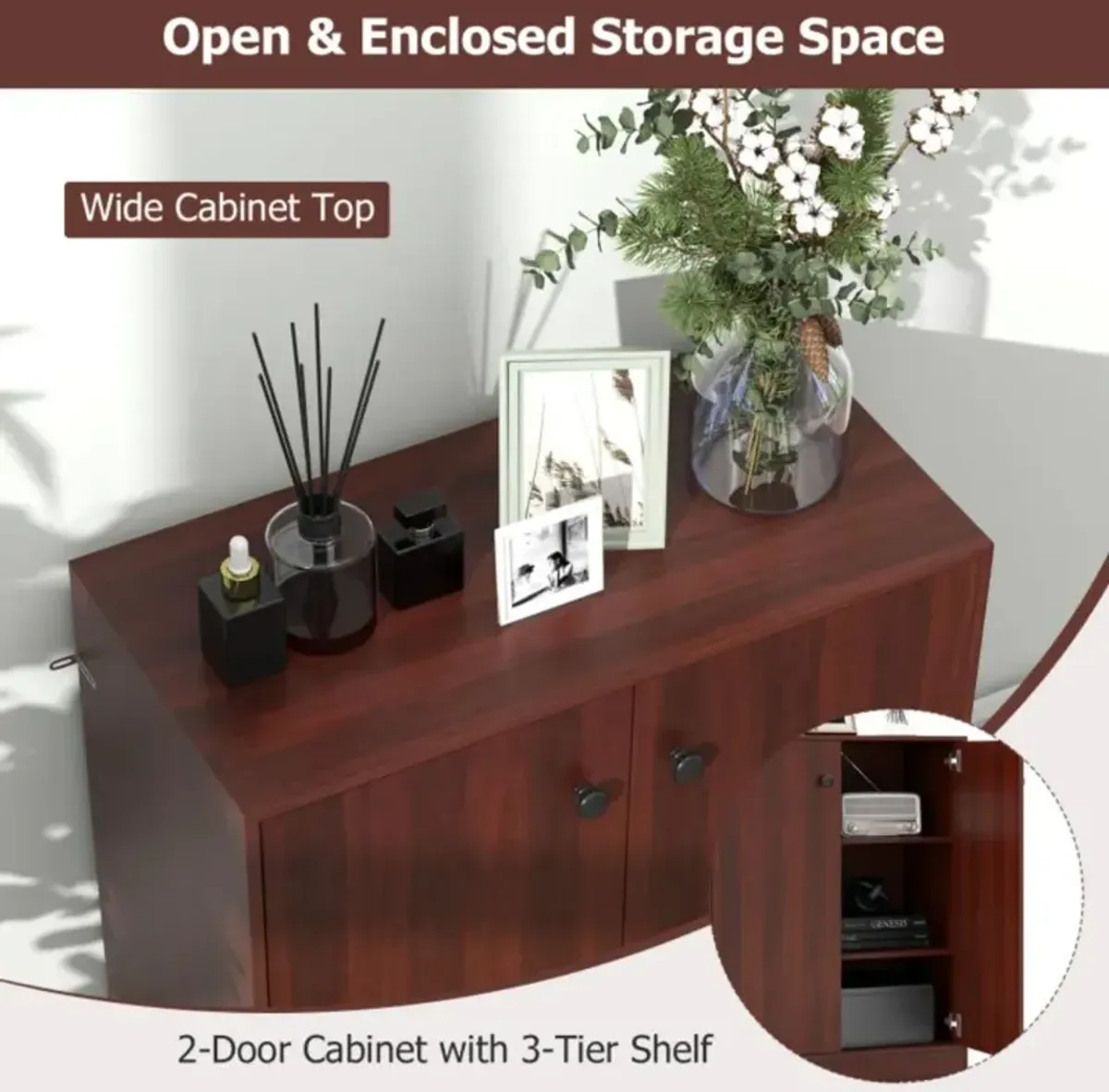 Hivvago 2-Door Modern Floor Storage Cabinet with 3-Tier Shelf-Brown