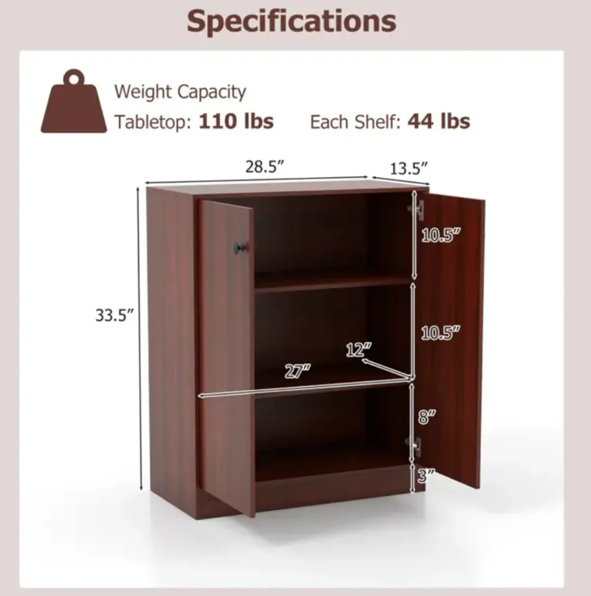 Hivvago 2-Door Modern Floor Storage Cabinet with 3-Tier Shelf-Brown