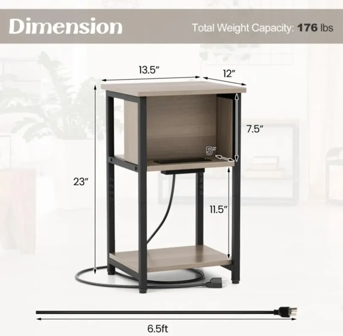 Hivvago 3-Tier End Table with USB Ports & Power Outlets-2 Pieces