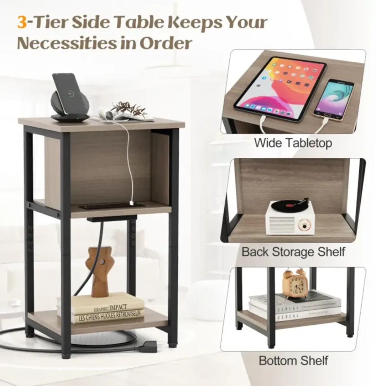 Hivvago 3-Tier End Table with USB Ports & Power Outlets-2 Pieces