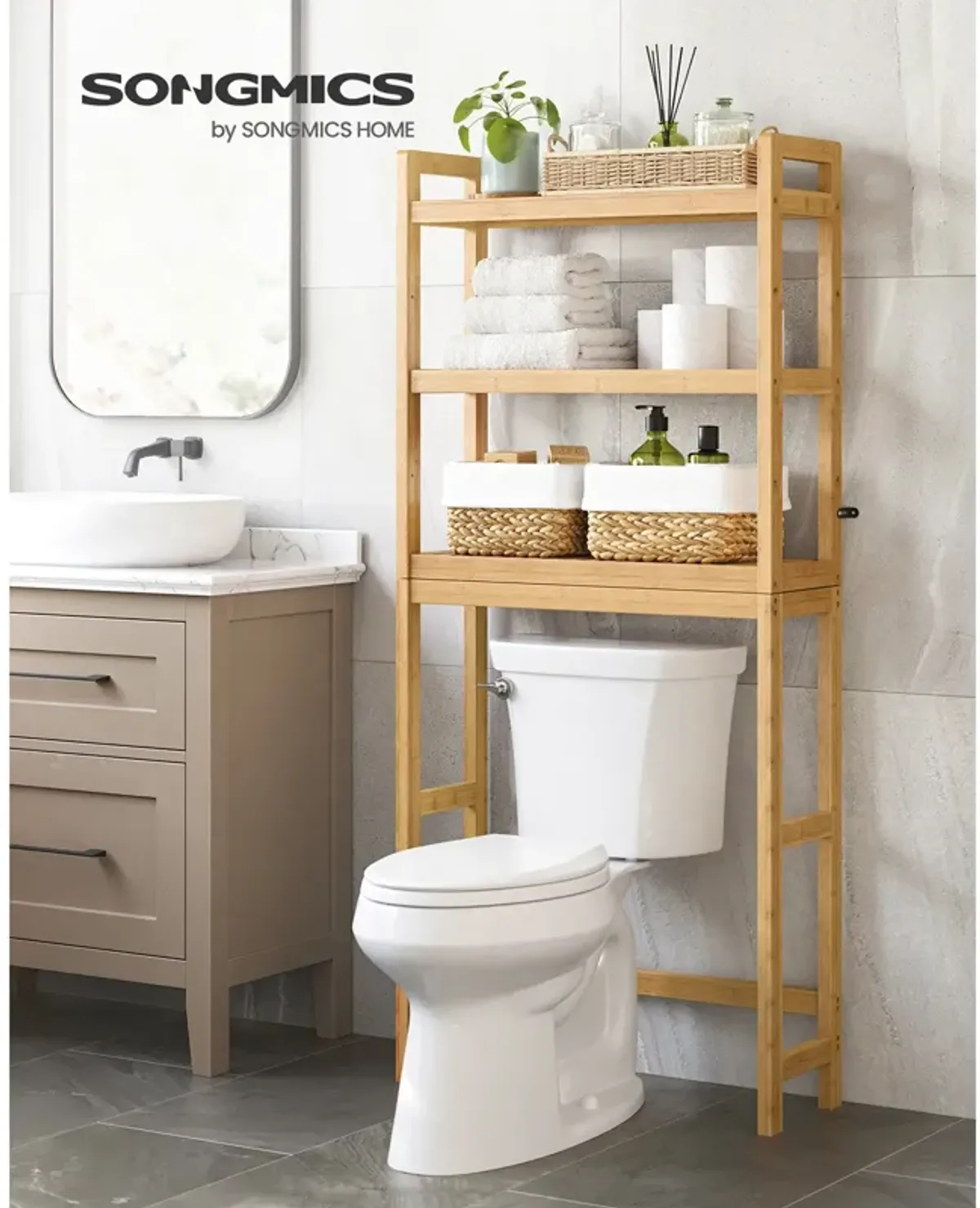 3-Tier Bamboo Bathroom Organizer with Adjustable Shelves – Over-The-Toilet Storage