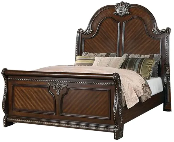 Qoz Wood Queen Size Bed with Carved Trim, Scalloped Headboard, Brown  - Benzara