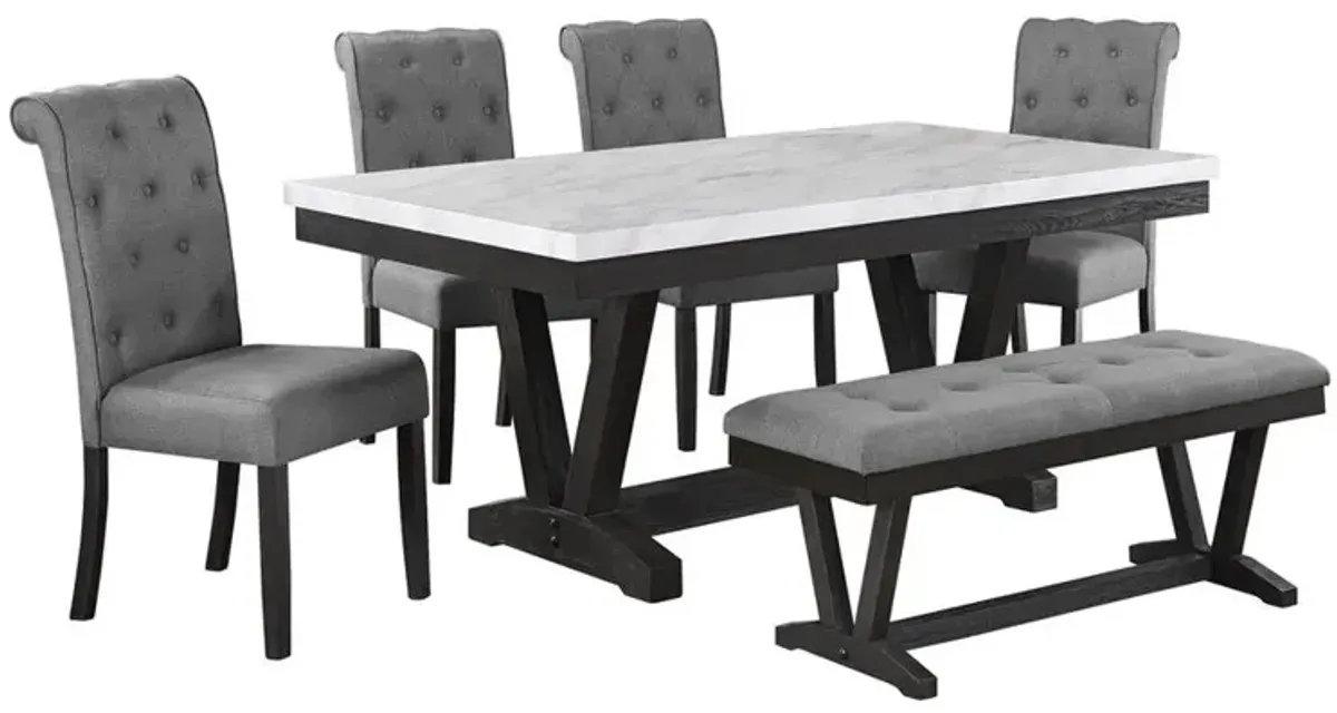 6 pc Dining set Faux Marble Wrap Table set with Beige Linen Chairs and one bench