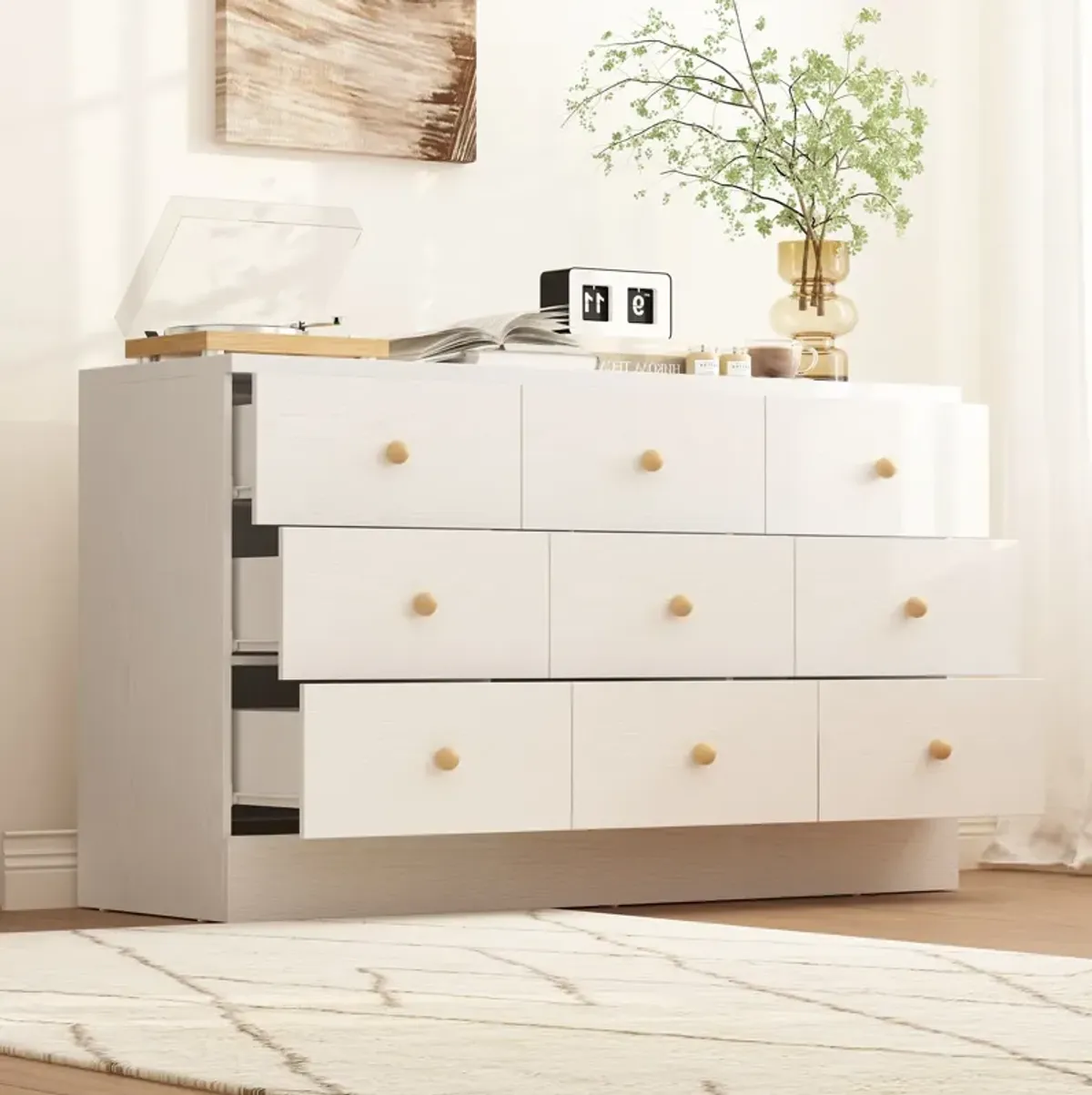 White 9 Drawer Dresser for Bedroom, 47.2“L Wooden Double Dresser, Modern Chest of Drawers Storage Organizer Dresser for Entryway Hallway