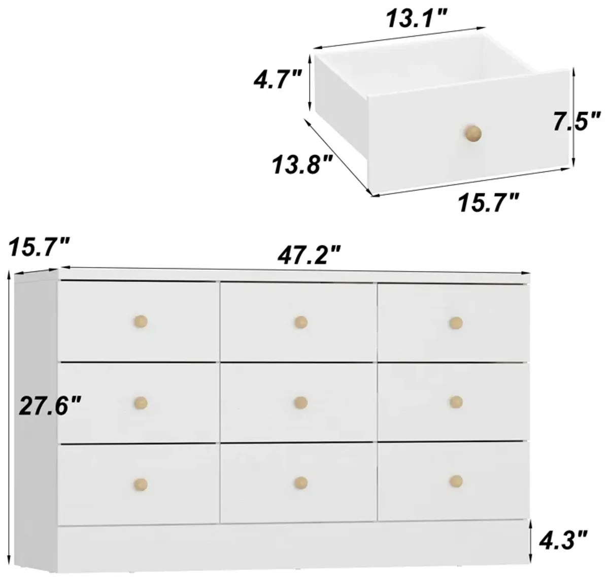 White 9 Drawer Dresser for Bedroom, 47.2“L Wooden Double Dresser, Modern Chest of Drawers Storage Organizer Dresser for Entryway Hallway