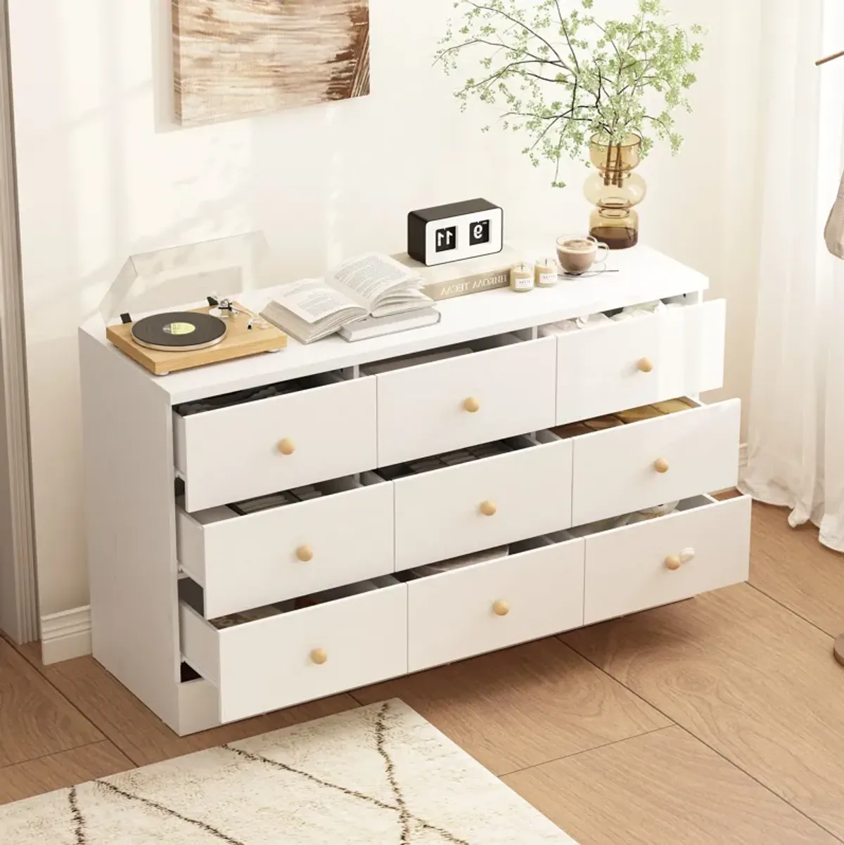 White 9 Drawer Dresser for Bedroom, 47.2“L Wooden Double Dresser, Modern Chest of Drawers Storage Organizer Dresser for Entryway Hallway