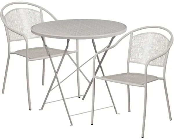 Flash Furniture Commercial Grade 30" Round Light Gray Indoor-Outdoor Steel Folding Patio Table Set with 2 Round Back Chairs