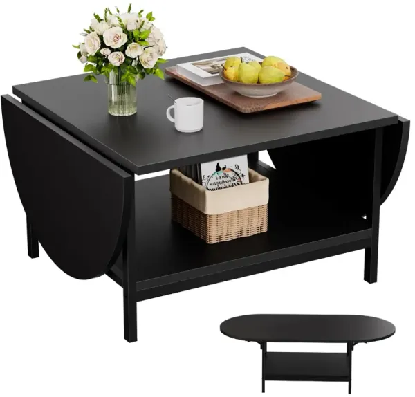 SAYGOER Black Coffee Table Modern Extended Coffee Tables with Storage for Living Room 2-Tier Unique Center Table with Two Foldab