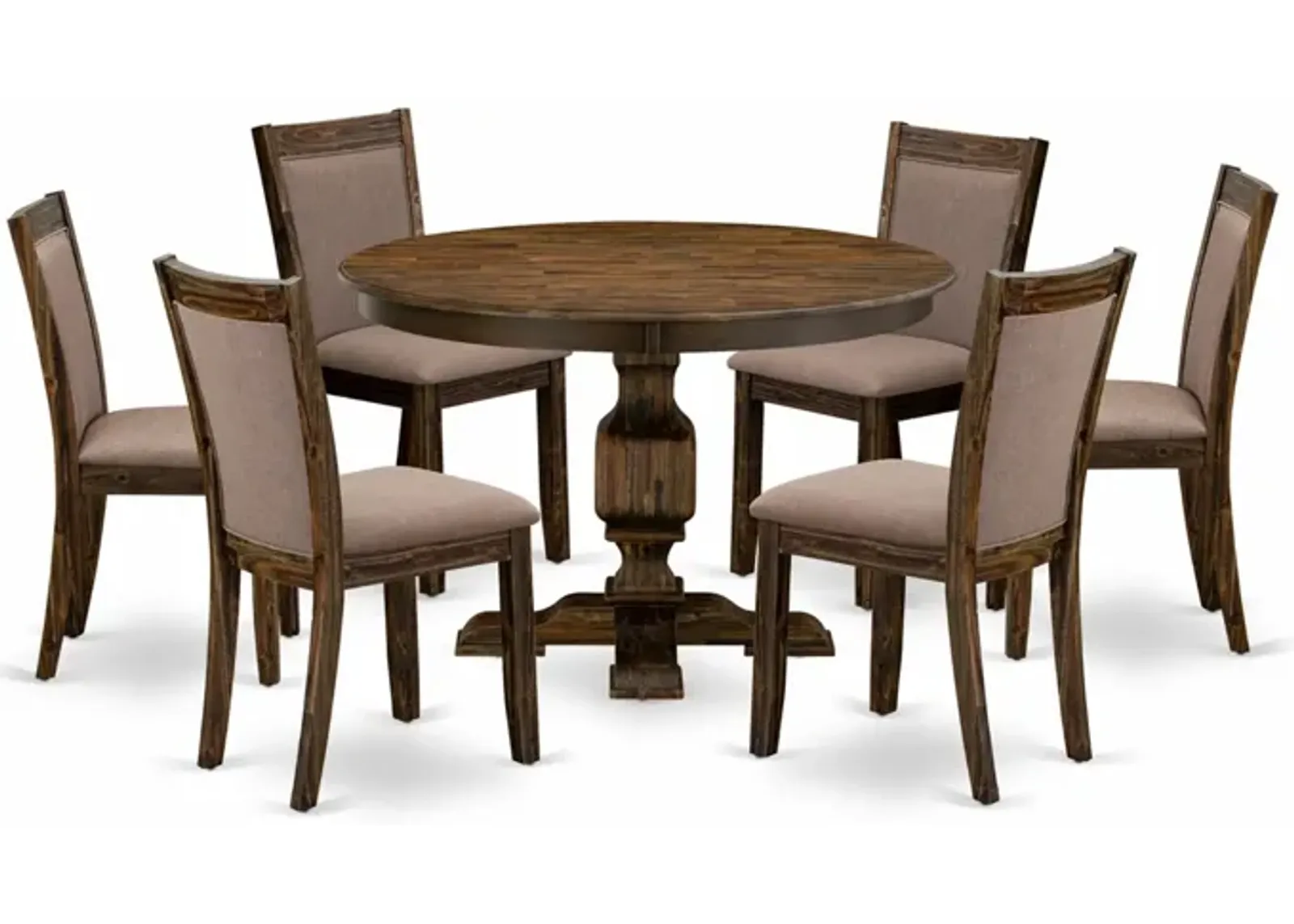 East West Furniture F3MZ7-748 7Pc Dining Set - Round Table and 6 Parson Chairs - Distressed Jacobean Color