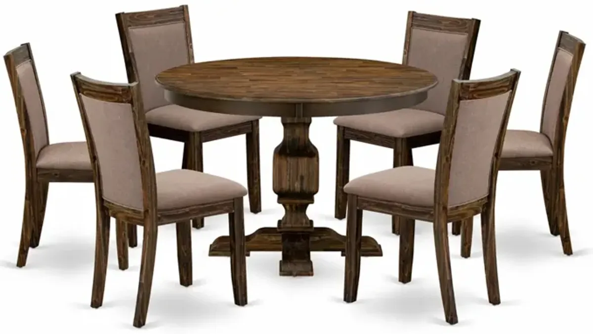 East West Furniture F3MZ7-748 7Pc Dining Set - Round Table and 6 Parson Chairs - Distressed Jacobean Color