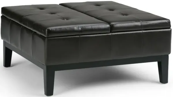 Simpli Home Dover Square Coffee Table Storage Ottoman In Tanners Brown Vegan Faux Leather