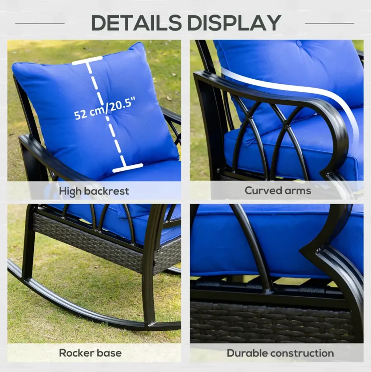 Outsunny Outdoor Wicker Rocking Chair with Padded Cushions, Aluminum Furniture Rattan Porch Rocker Chair w/ Armrest for Garden, Patio, and Backyard, Blue