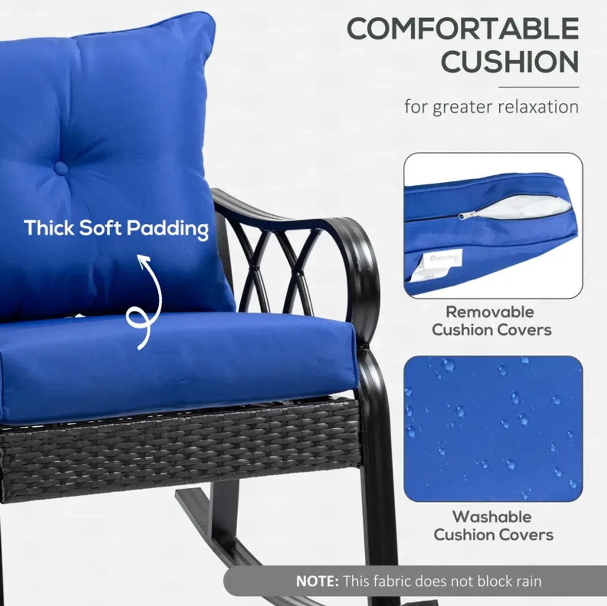 Outsunny Outdoor Wicker Rocking Chair with Padded Cushions, Aluminum Furniture Rattan Porch Rocker Chair w/ Armrest for Garden, Patio, and Backyard, Blue