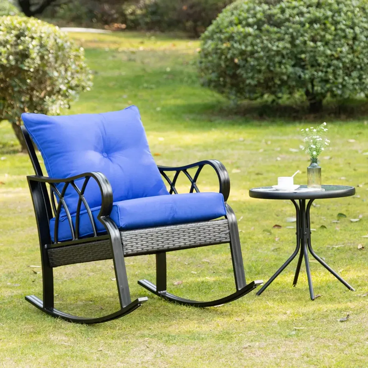 Outsunny Outdoor Wicker Rocking Chair with Padded Cushions, Aluminum Furniture Rattan Porch Rocker Chair w/ Armrest for Garden, Patio, and Backyard, Blue