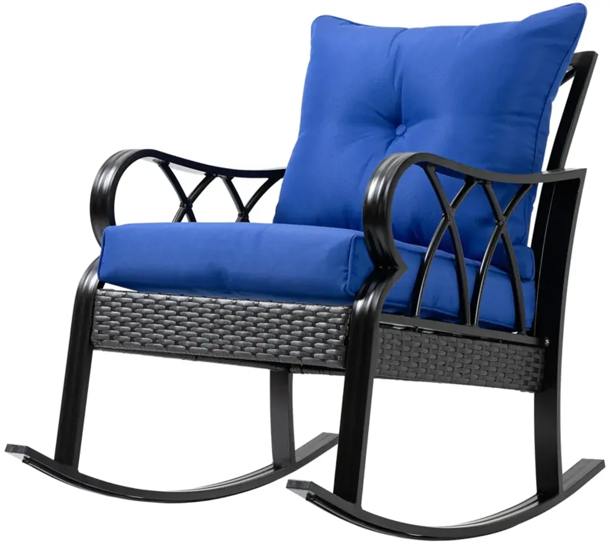 Outsunny Outdoor Wicker Rocking Chair with Padded Cushions, Aluminum Furniture Rattan Porch Rocker Chair w/ Armrest for Garden, Patio, and Backyard, Blue