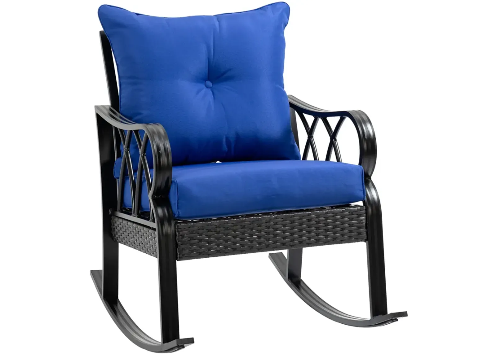 Outsunny Outdoor Wicker Rocking Chair with Padded Cushions, Aluminum Furniture Rattan Porch Rocker Chair w/ Armrest for Garden, Patio, and Backyard, Blue