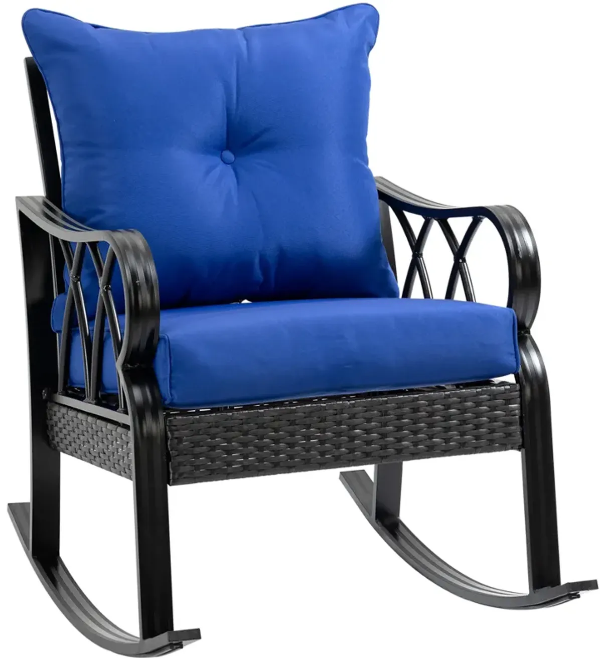 Outsunny Outdoor Wicker Rocking Chair with Padded Cushions, Aluminum Furniture Rattan Porch Rocker Chair w/ Armrest for Garden, Patio, and Backyard, Blue