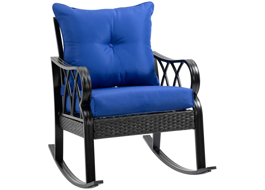 Outsunny Outdoor Wicker Rocking Chair with Padded Cushions, Aluminum Furniture Rattan Porch Rocker Chair w/ Armrest for Garden, Patio, and Backyard, Blue