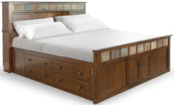Odell King Size Bed w Storage Footboard, Bookcase Headboard, Brown - Benzara