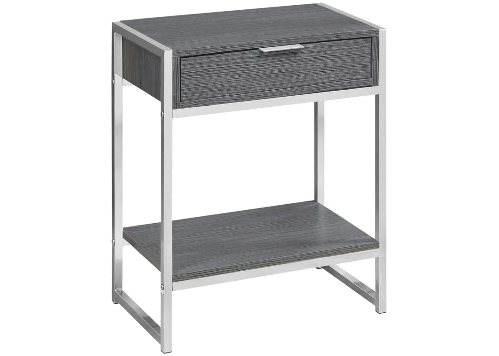 Monarch Specialties I 3484 Accent Table, Side, End, Nightstand, Lamp, Storage Drawer, Living Room, Bedroom, Metal, Laminate, Grey, Chrome, Contemporary, Modern