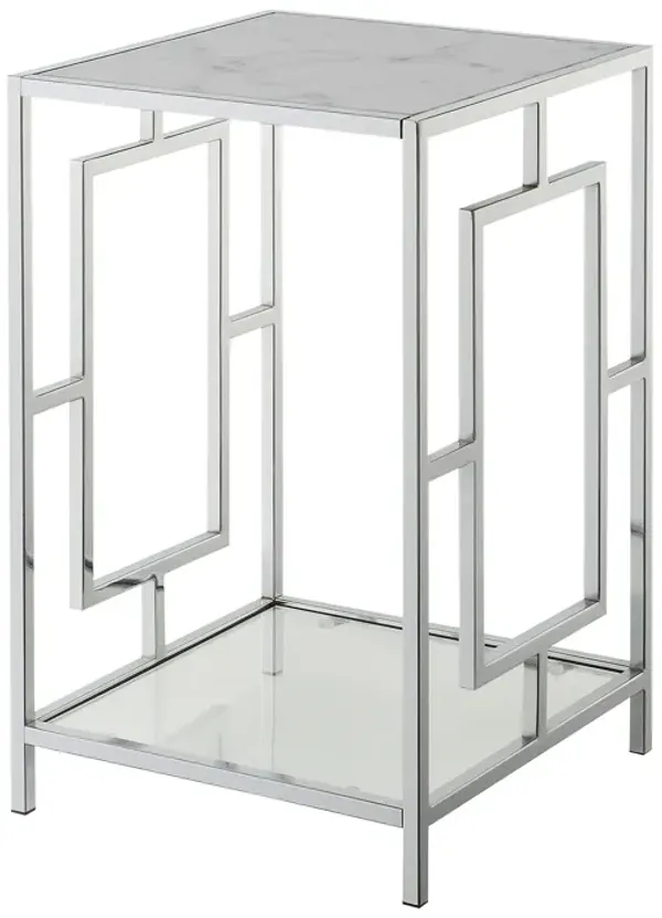 Town Square Chrome End Table with Shelf, White Faux Marble/Chrome