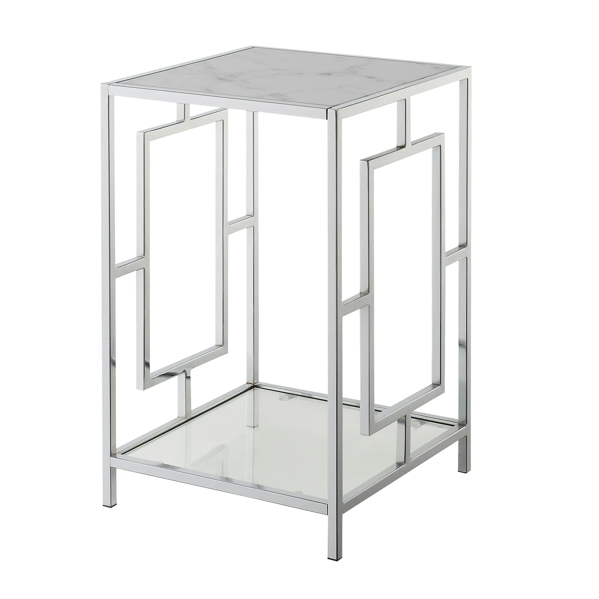 Town Square Chrome End Table with Shelf, White Faux Marble/Chrome