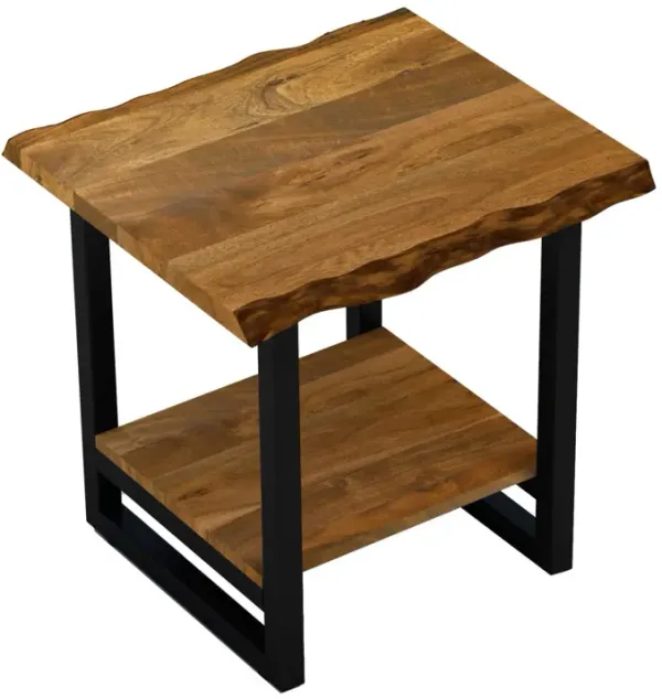 Modern Industrial End Table – Solid Wood Top with Open Metal Shelf