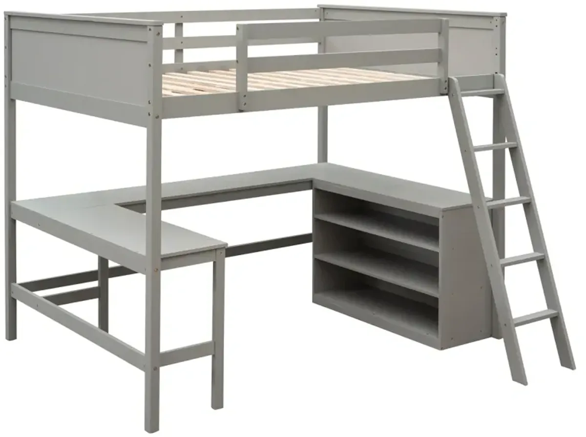 Full Size Loft Bed With Shelves And Desk, Wooden Loft Bed With Desk