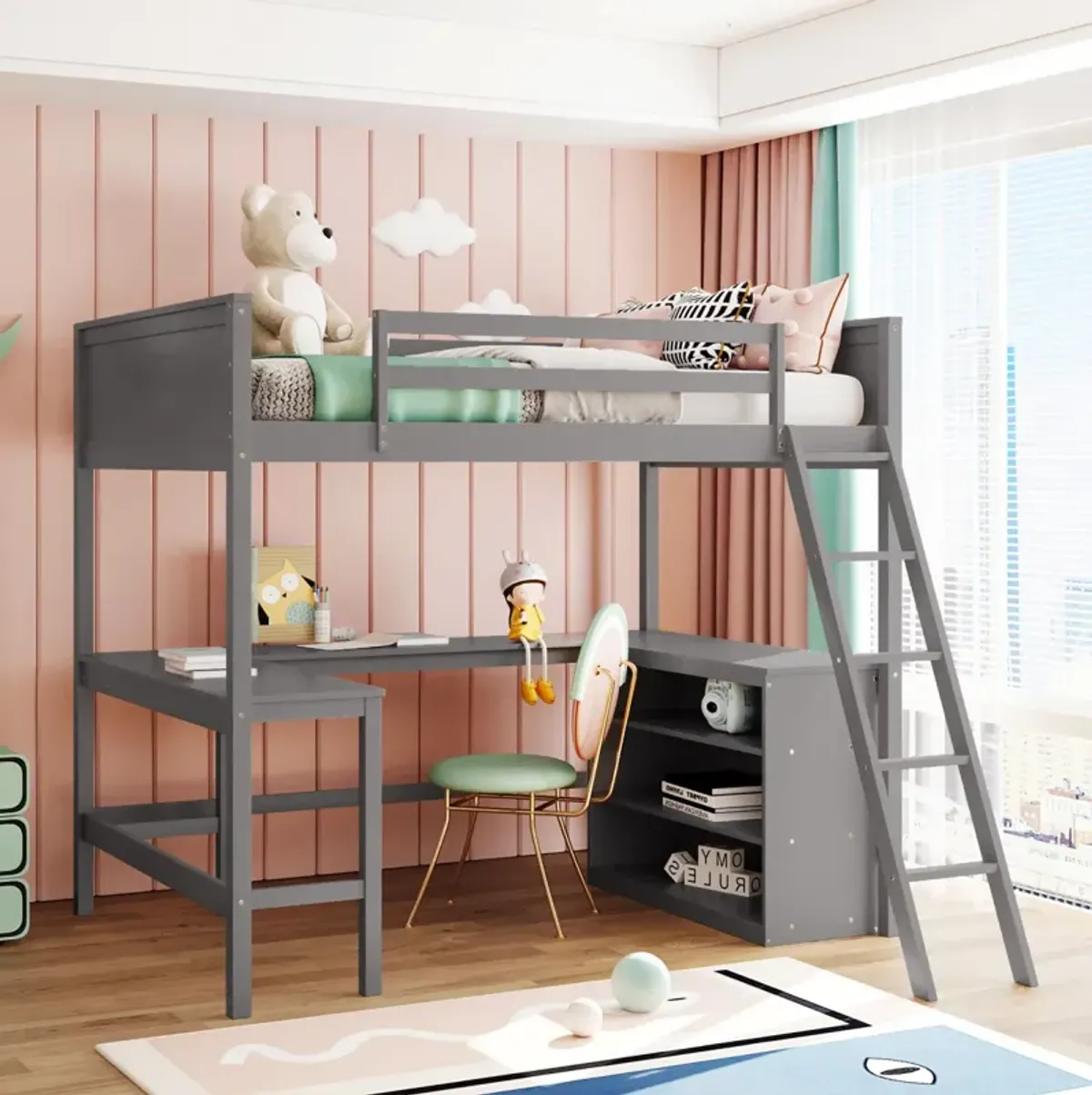 Full Size Loft Bed With Shelves And Desk, Wooden Loft Bed With Desk