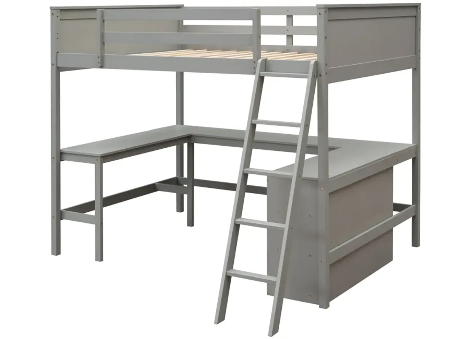 Full Size Loft Bed With Shelves And Desk, Wooden Loft Bed With Desk