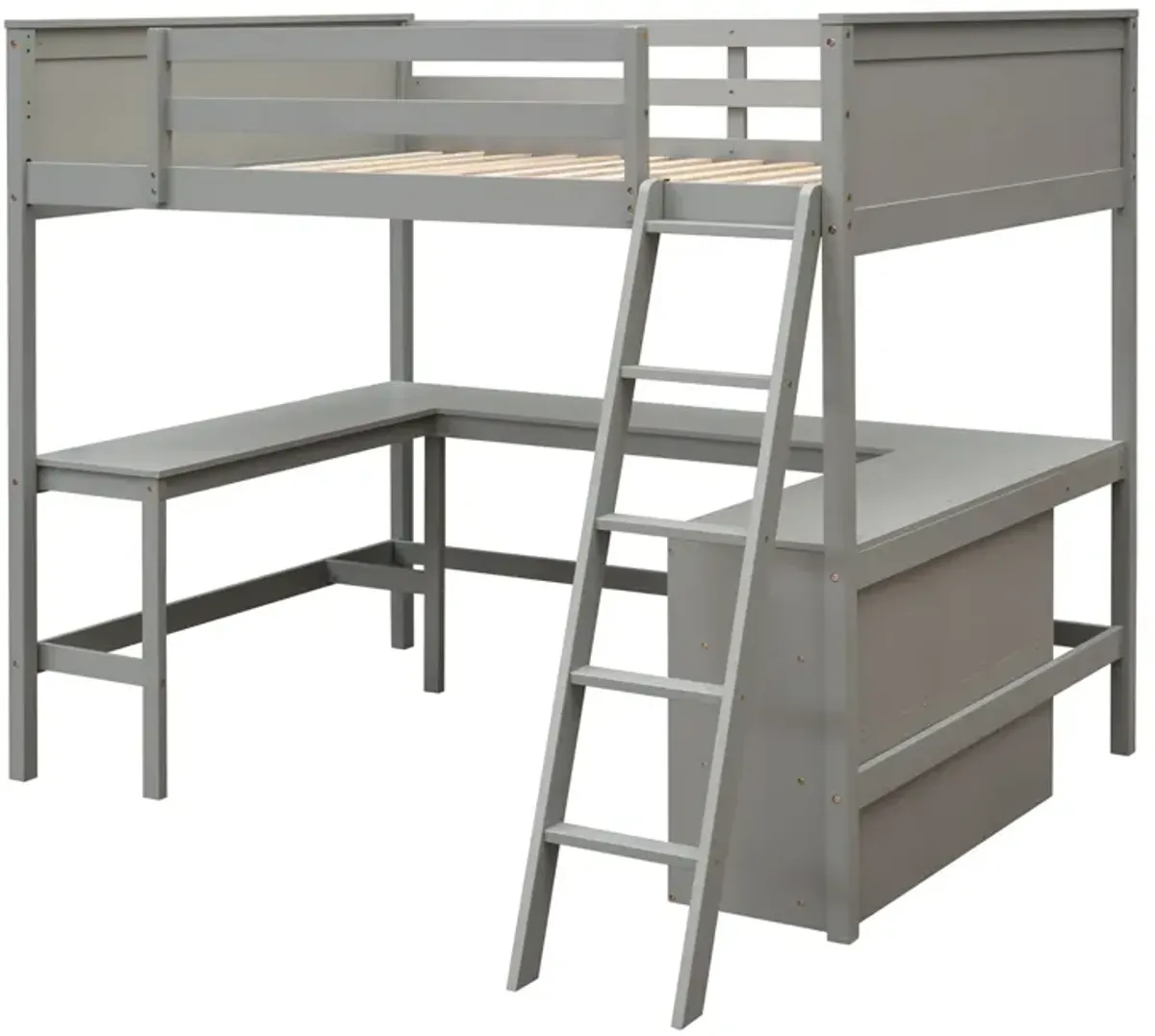 Full Size Loft Bed With Shelves And Desk, Wooden Loft Bed With Desk