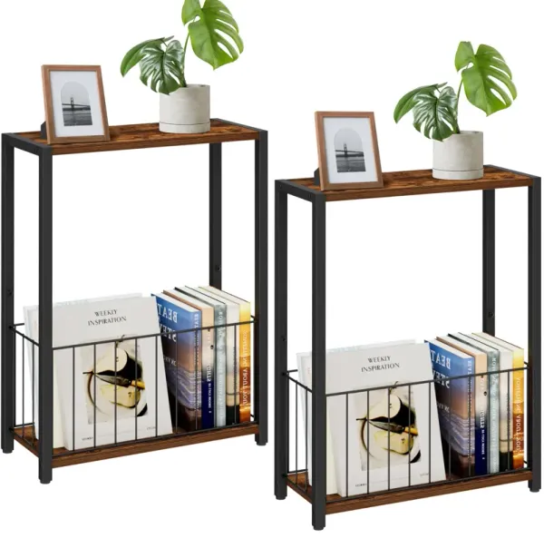 Homleke Narrow Side Tables Set of 2 with Magazine Holder, Skinny End Tables Perfect for Small Spaces, Space-Saving Design for Li