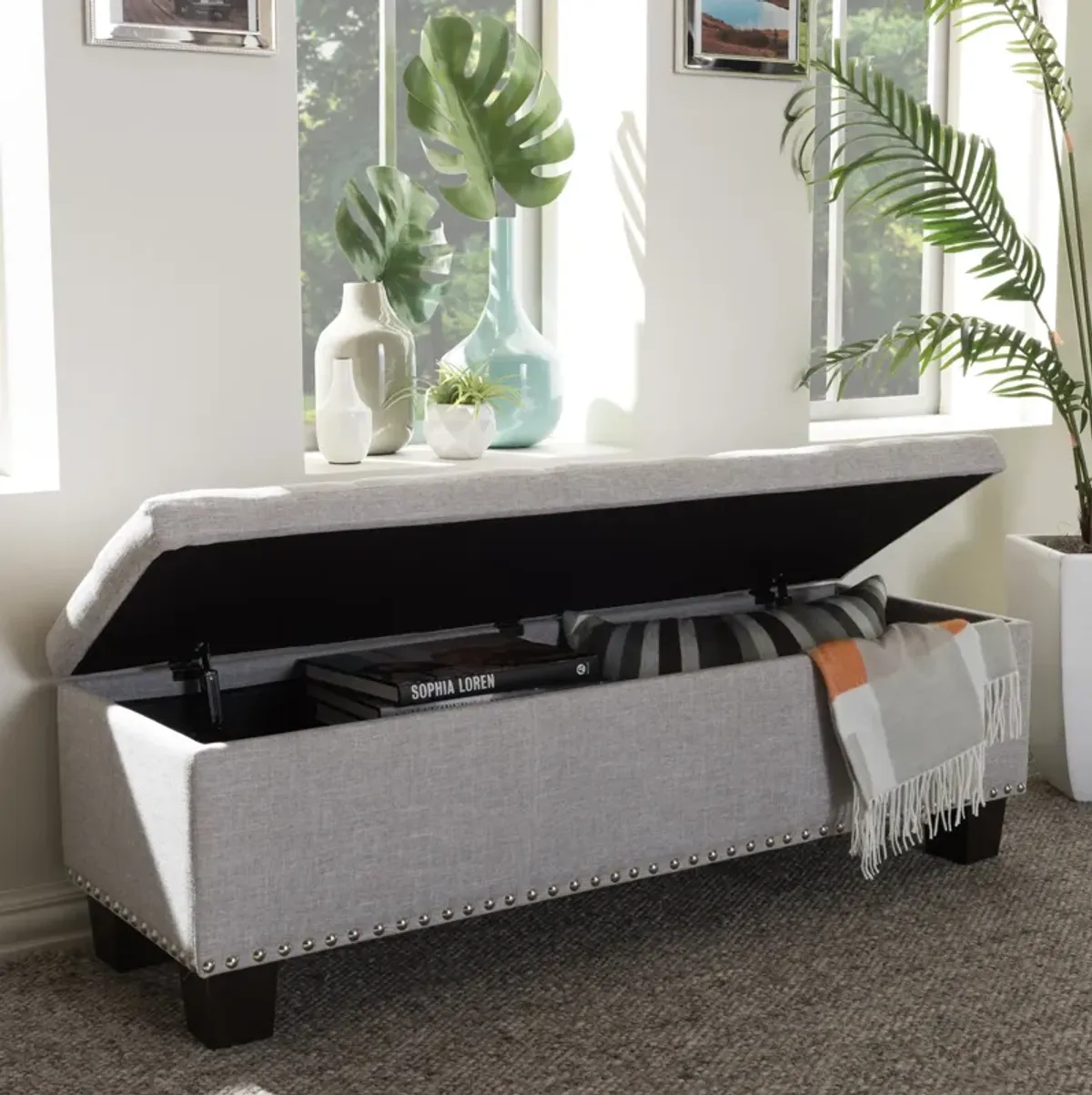 Baxton Studio Hannah Modern Dark Grey Fabric Upholstered Button Tufting Storage Ottoman Bench