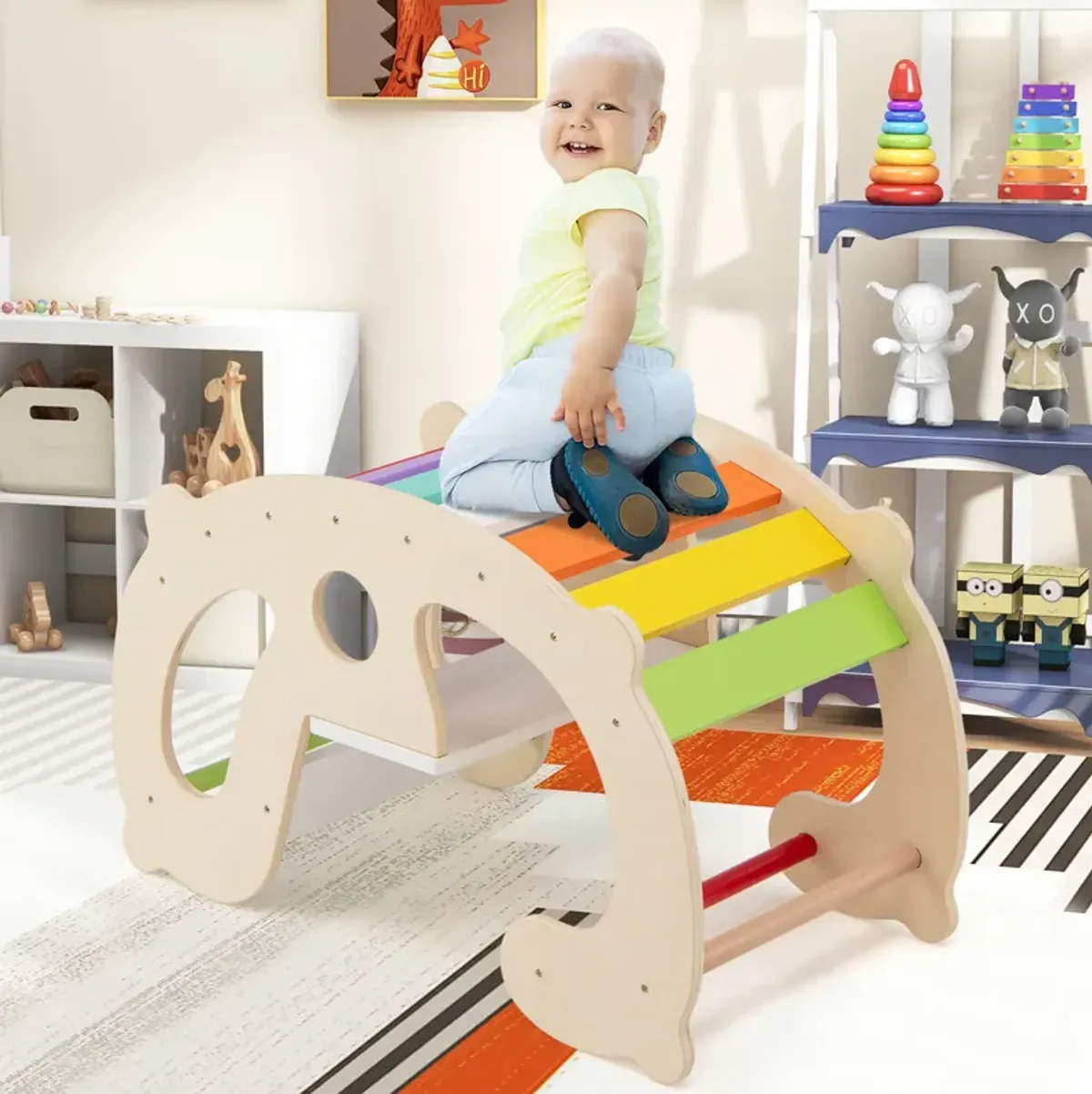 2-in-1 Rocking Horse Arch for Kids Montessori Climbing Toys with Arch Climber-Multicolor