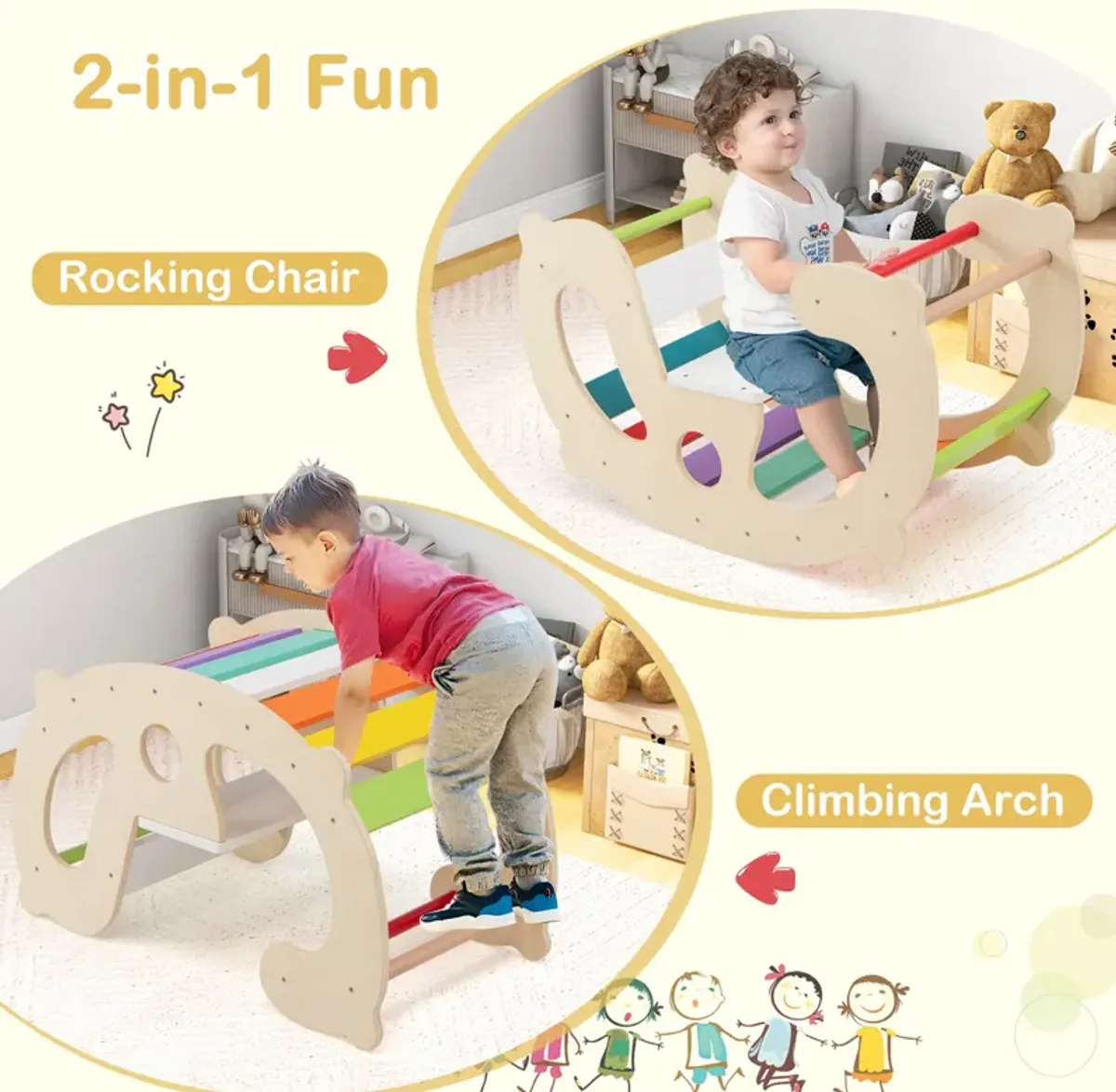 2-in-1 Rocking Horse Arch for Kids Montessori Climbing Toys with Arch Climber-Multicolor