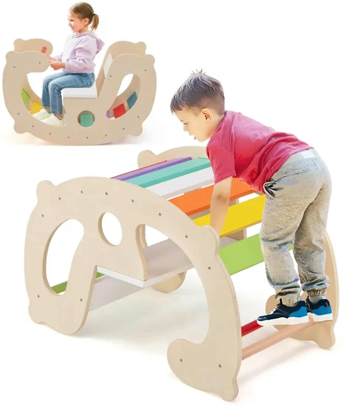 2-in-1 Rocking Horse Arch for Kids Montessori Climbing Toys with Arch Climber-Multicolor