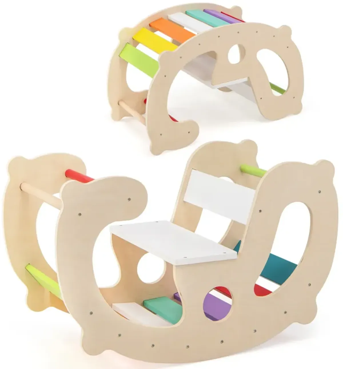 2-in-1 Rocking Horse Arch for Kids Montessori Climbing Toys with Arch Climber-Multicolor