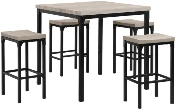 36 Inch 5 Piece Counter Height Dining Table and Stool Set, Square Wood Top, Iron Frame, Gray, Black-Benzara