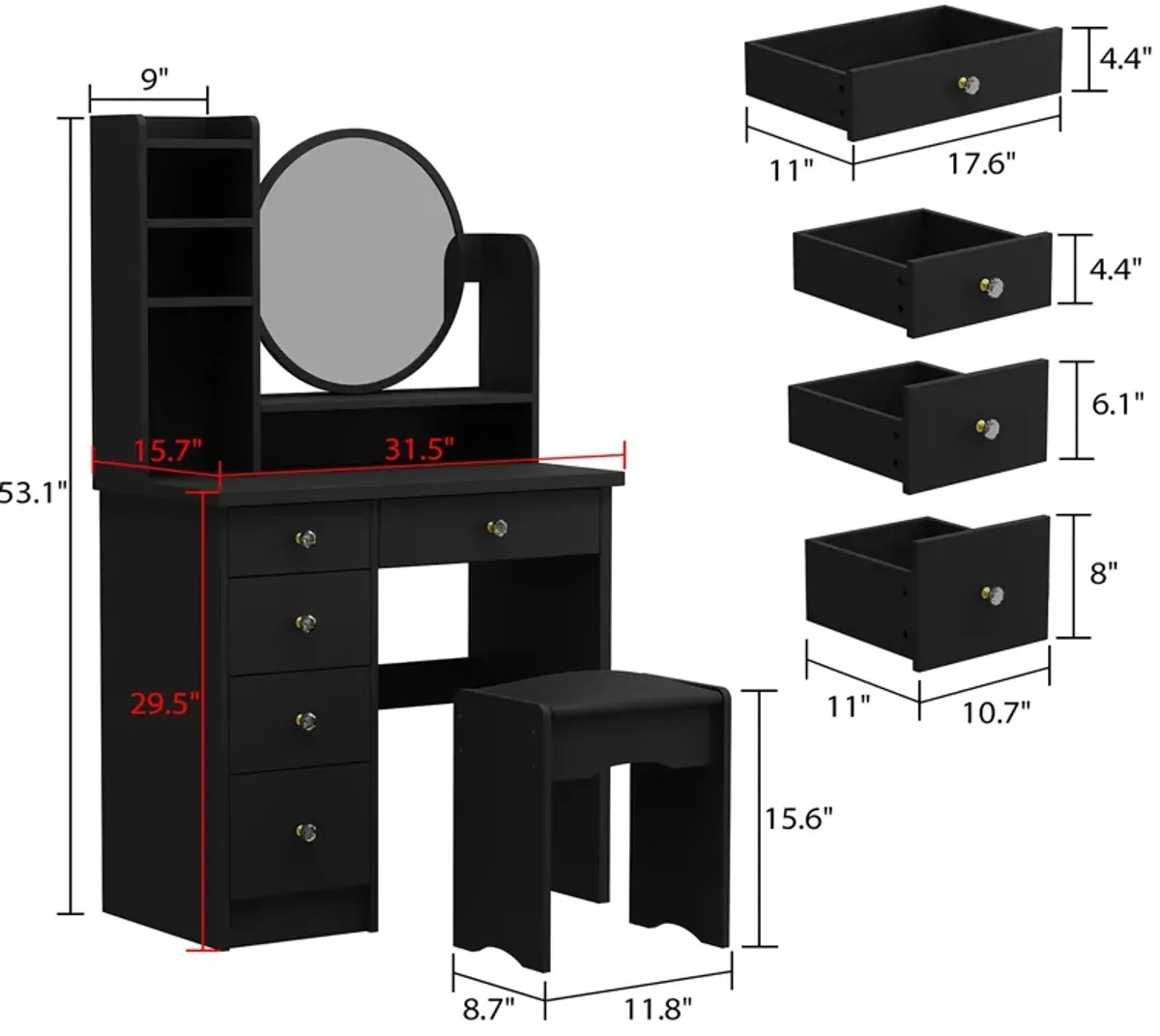 5-Drawers Black Makeup Vanity Sets Dressing Table Set with Stool, Mirror and Storage Shelves Girls Dressing Table