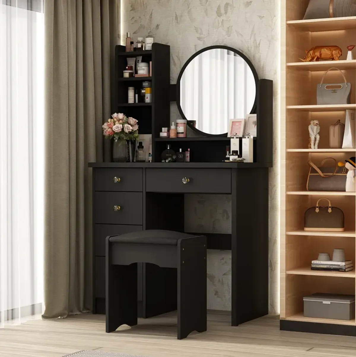 5-Drawers Black Makeup Vanity Sets Dressing Table Set with Stool, Mirror and Storage Shelves Girls Dressing Table