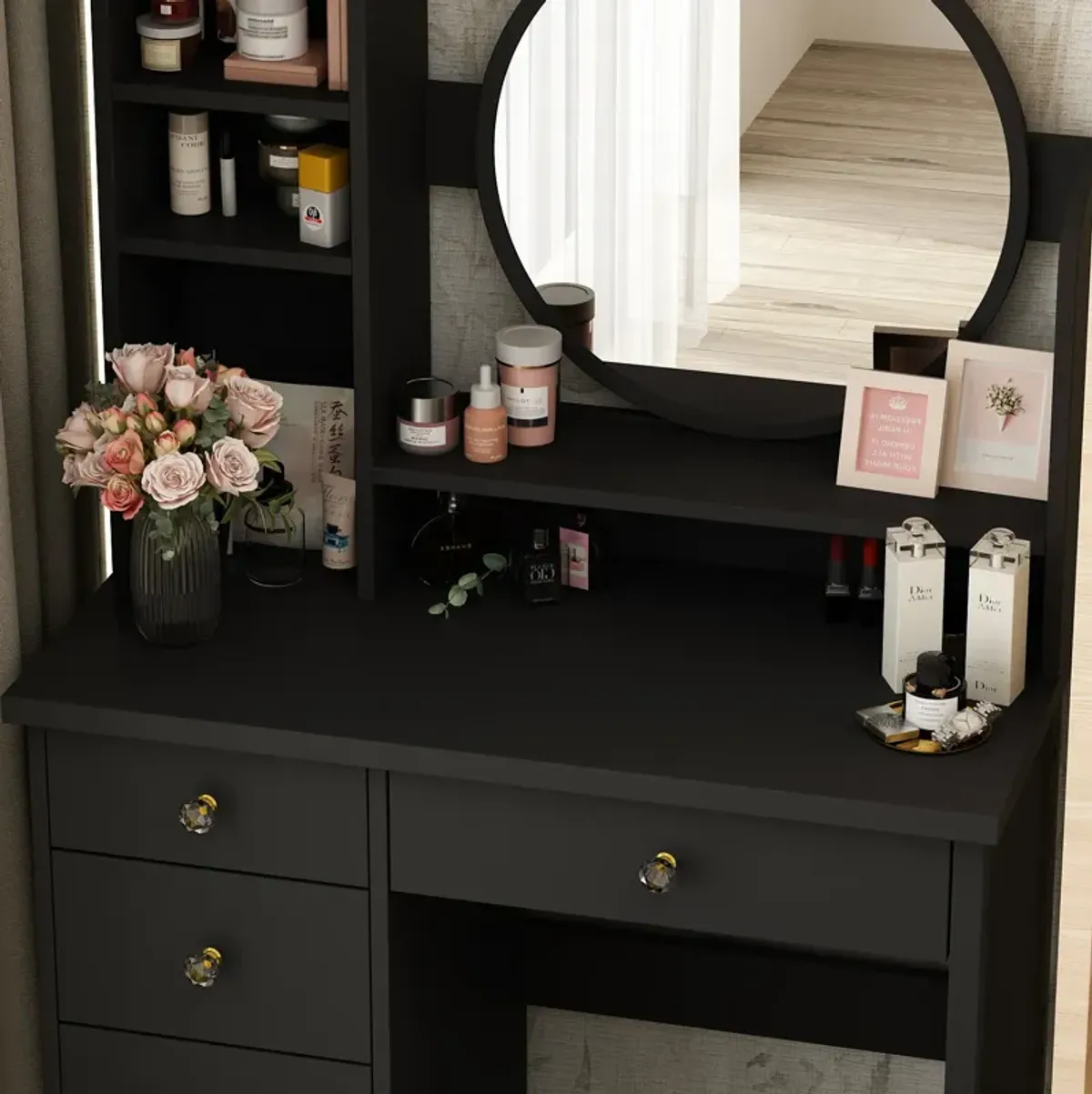 5-Drawers Black Makeup Vanity Sets Dressing Table Set with Stool, Mirror and Storage Shelves Girls Dressing Table