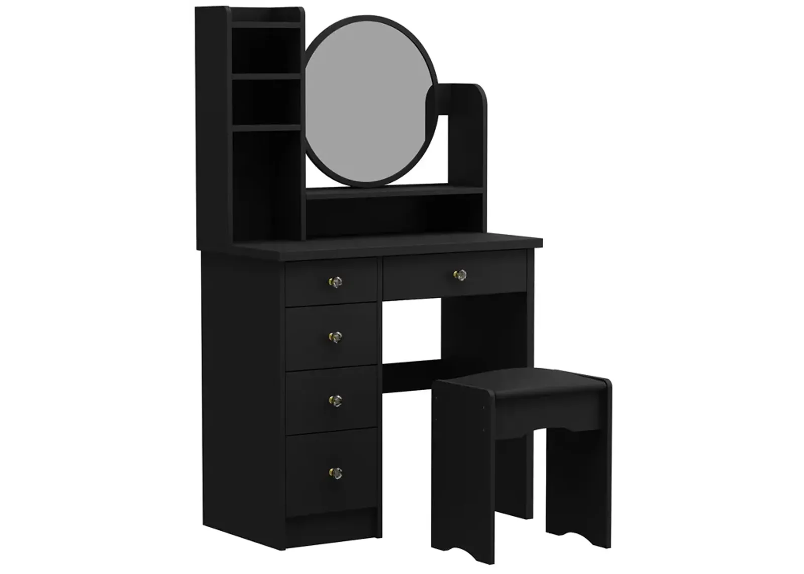 5-Drawers Black Makeup Vanity Sets Dressing Table Set with Stool, Mirror and Storage Shelves Girls Dressing Table